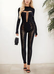 Black Mesh Cutout Long Sleeve Catsuit Bodysuit