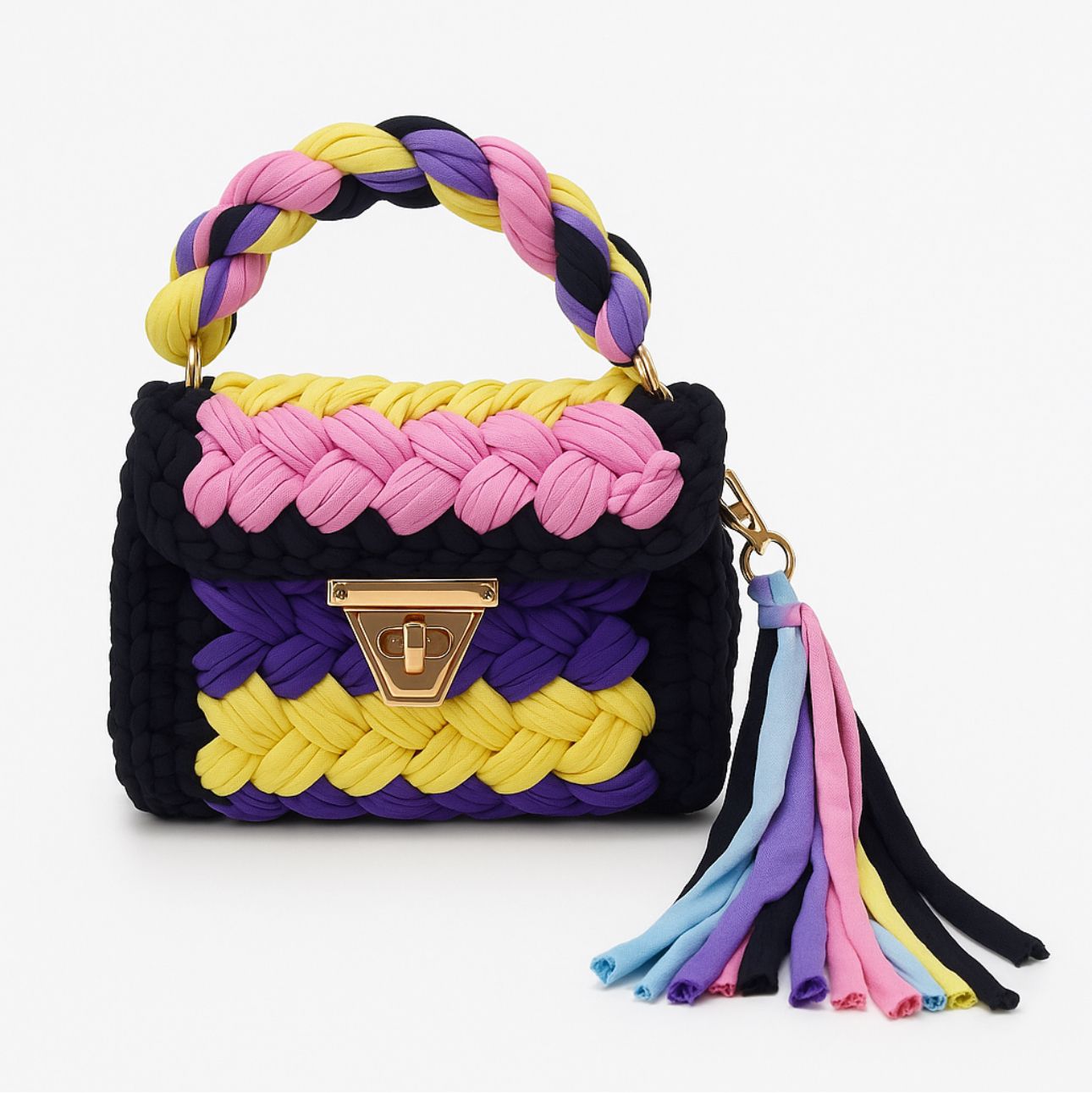 Colorful braided handbag with a tassel on a white background