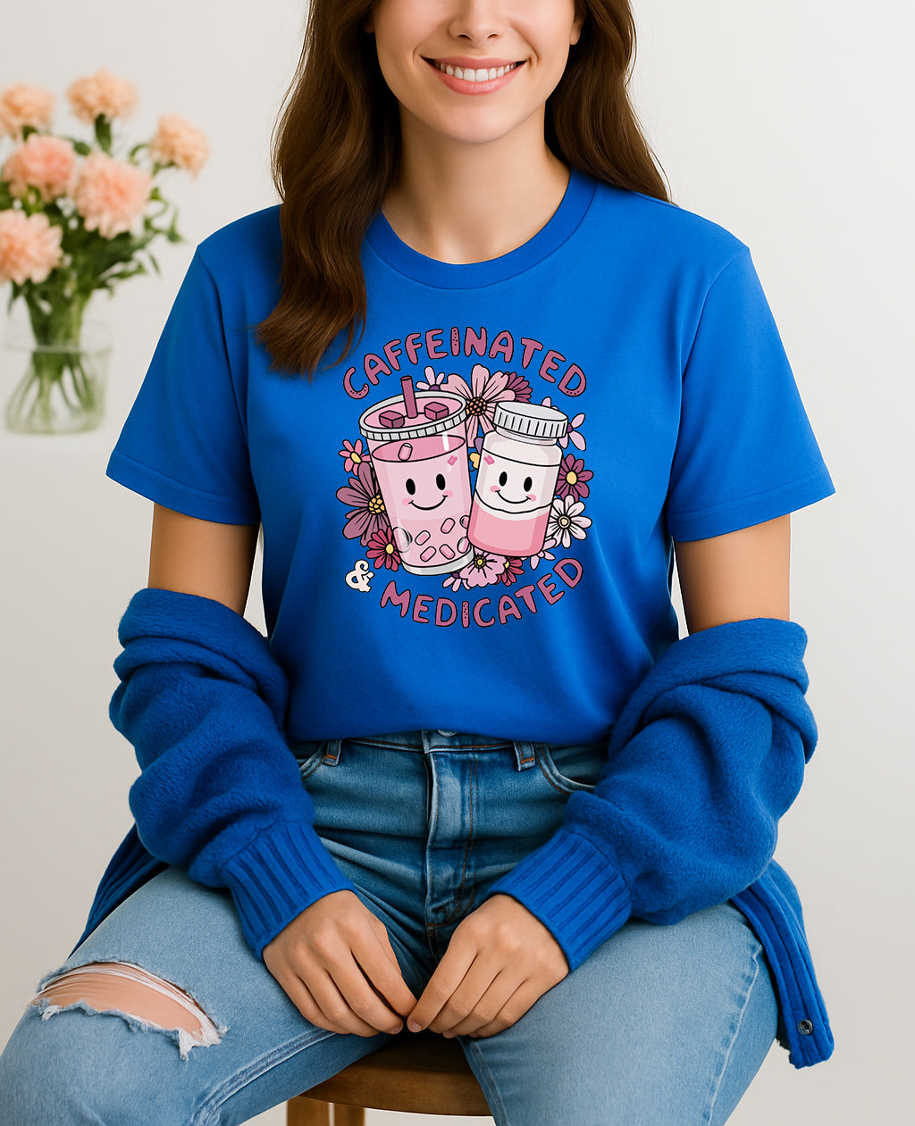Woman wearing blue Caffeinated and Medicated graphic T-shirt with cute drink and pill bottle design, handmade organic cotton fun fashion tee