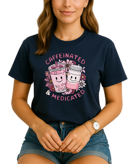 Person wearing a navy blue t-shirt with a graphic design and text.