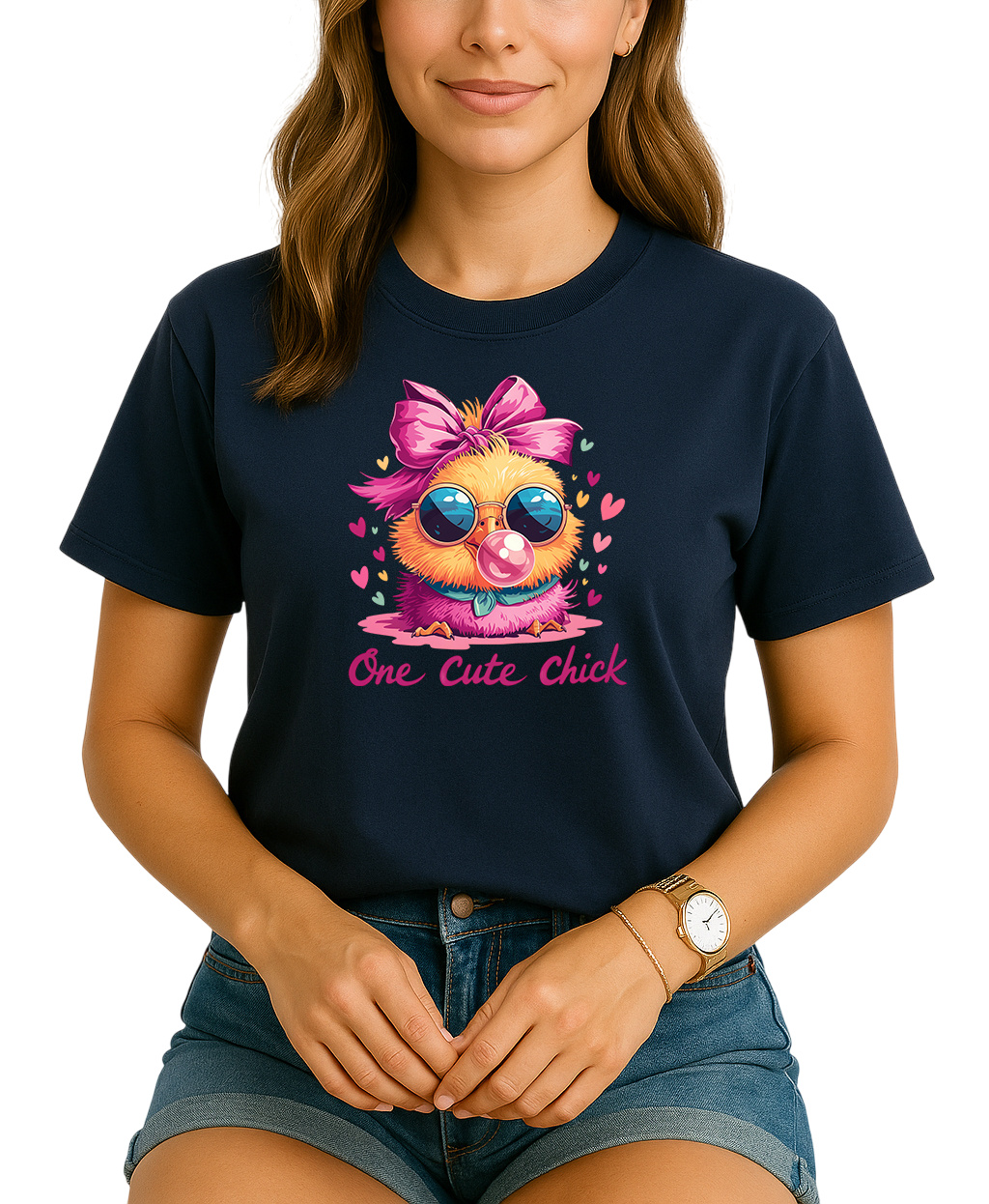 Person wearing a navy blue t-shirt with a colorful graphic and text