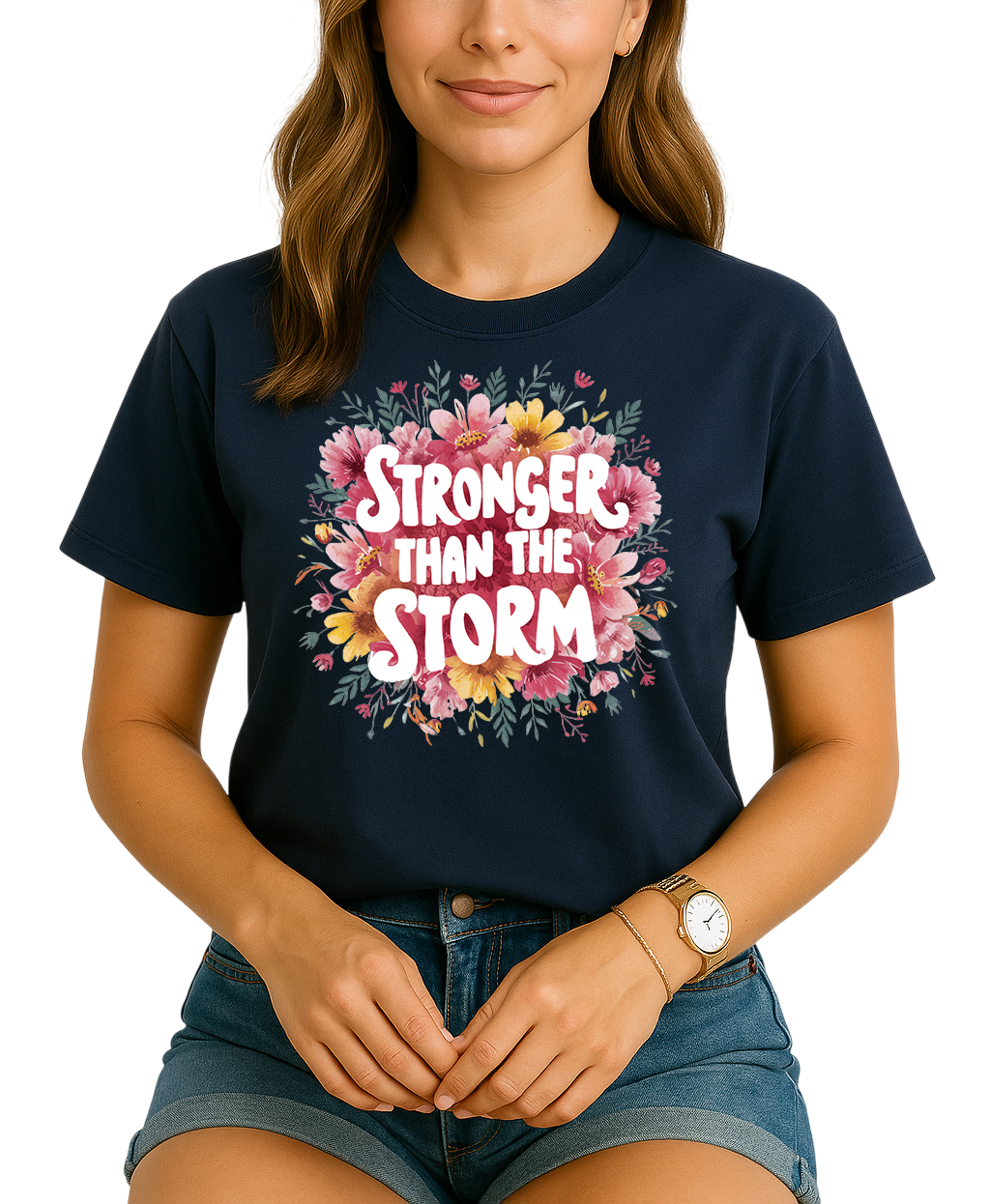 Woman wearing a navy blue t-shirt with 'Stronger Than The Storm' design on a white background