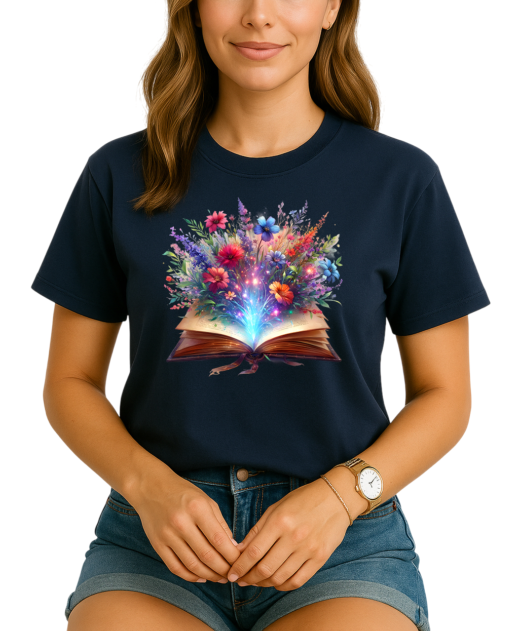 Person wearing a navy blue t-shirt with a colorful floral design on a white background