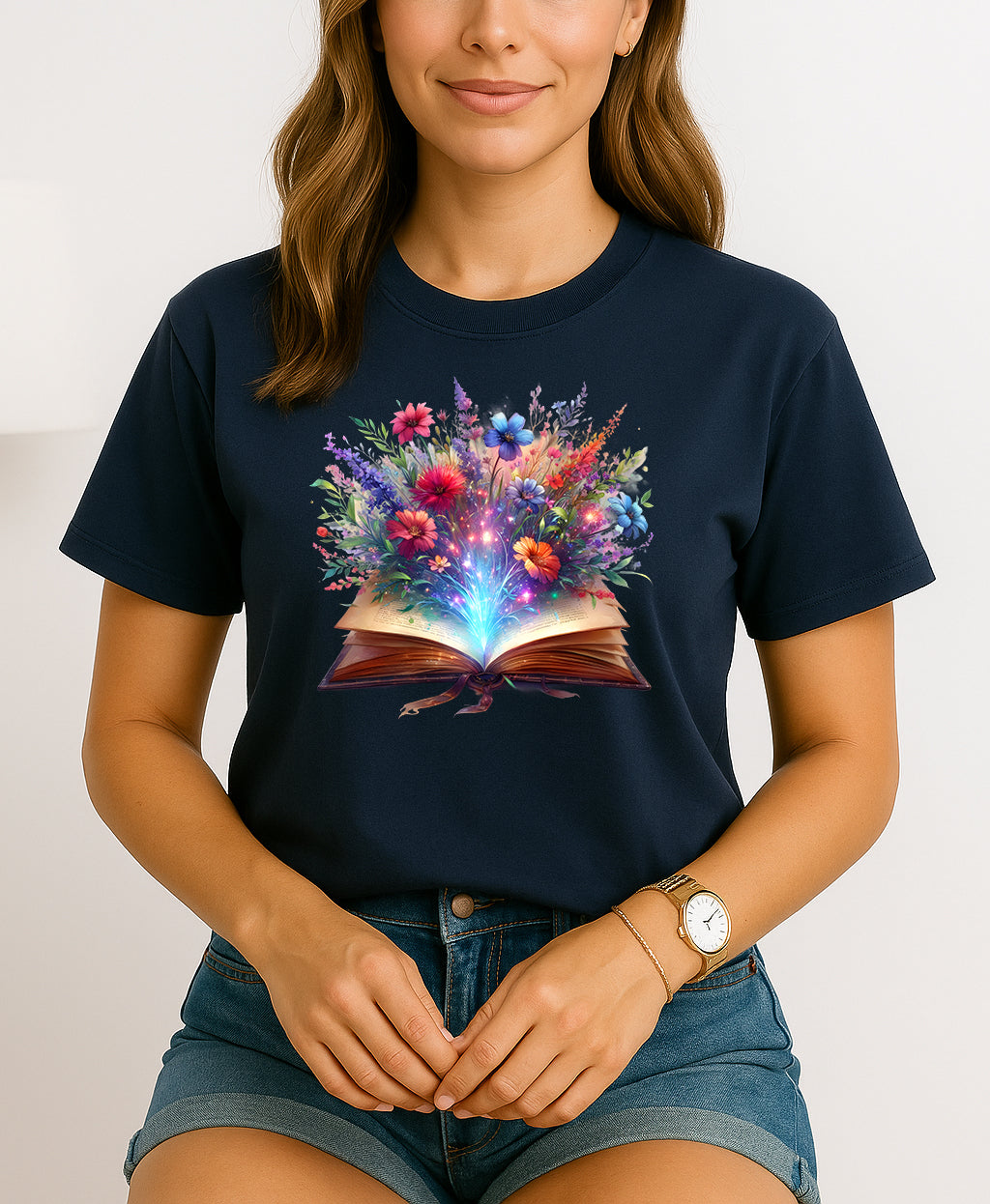 Woman wearing Dark Blue floral book graphic T-shirt, handmade organic cotton literary fashion tee, nature-inspired design for book lovers
