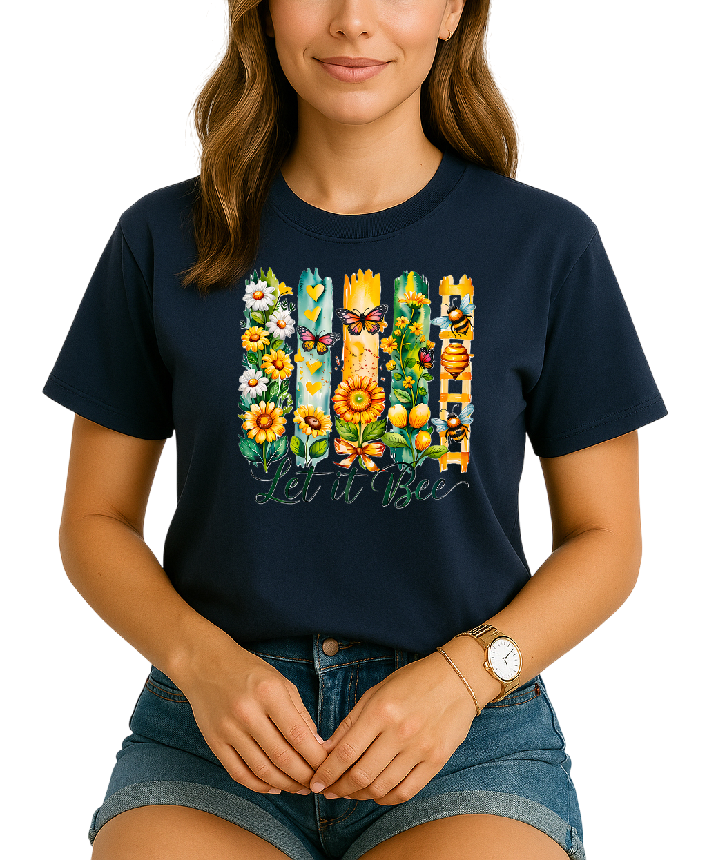 Woman wearing a navy blue t-shirt with floral and bee design