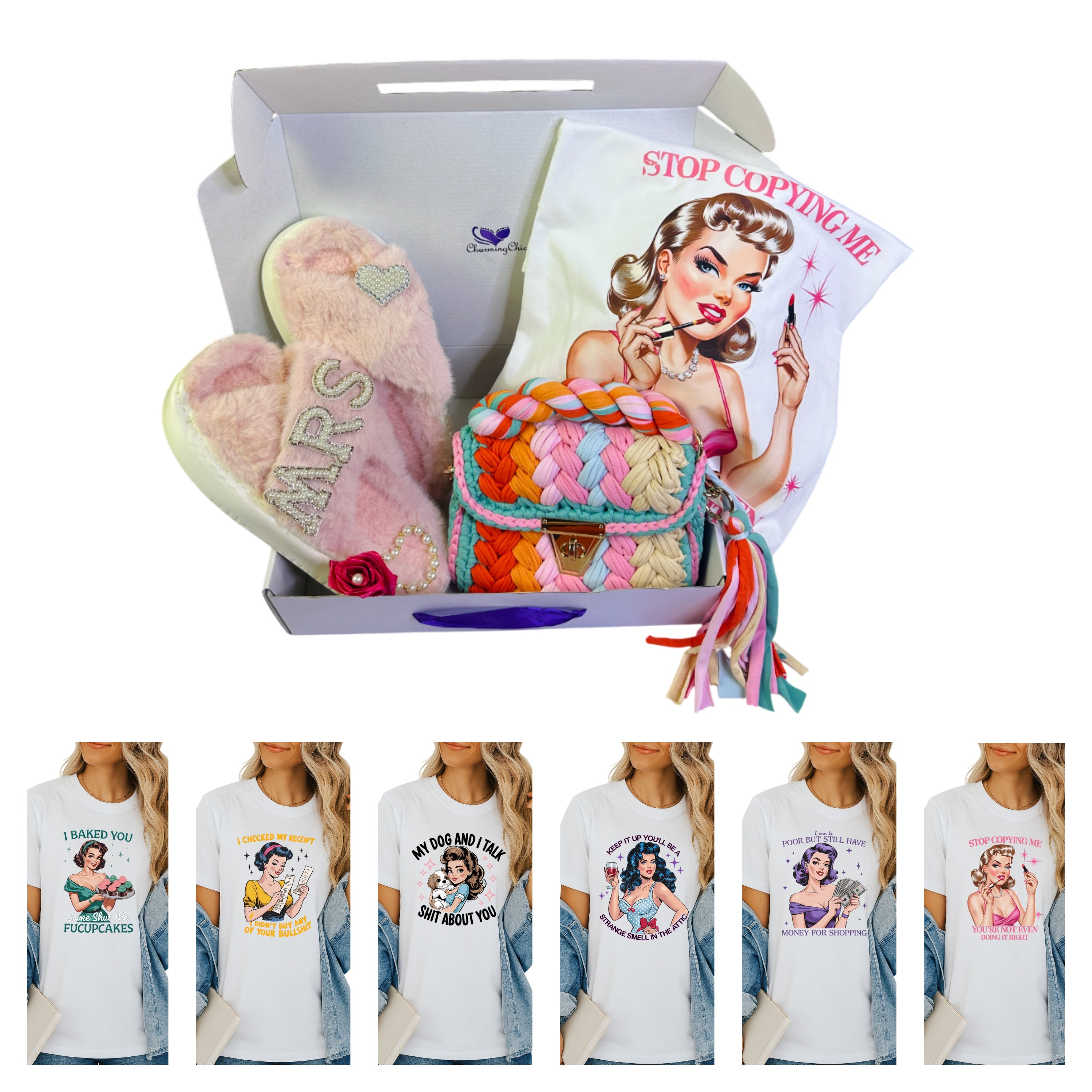 Box containing a colorful bag, pink slippers, and t-shirts with vintage-style graphics.