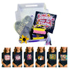 Product set with accessories and t-shirts featuring various designs in a box.