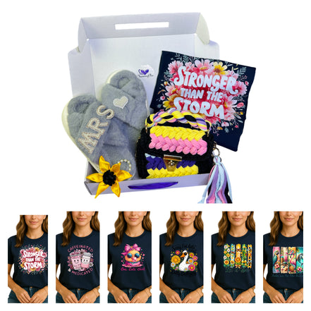 Product set with accessories and t-shirts featuring various designs in a box.