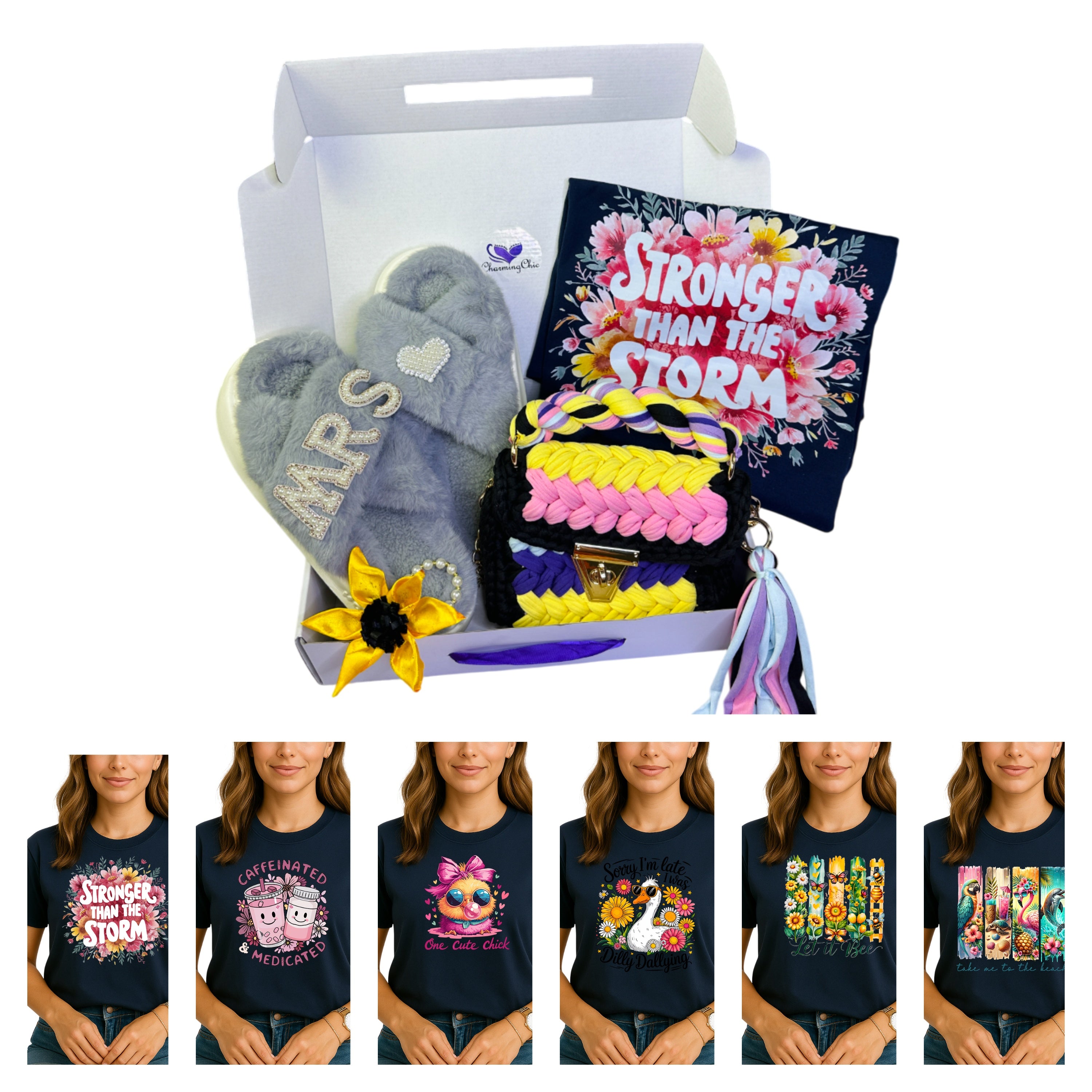 Product set with accessories and t-shirts featuring various designs in a box.