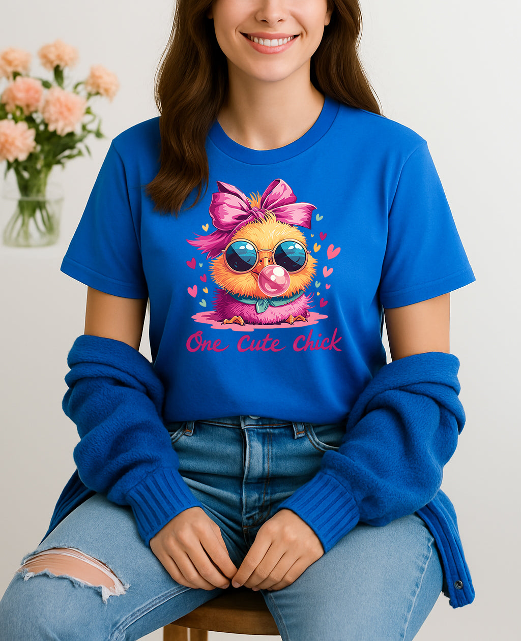 Woman wearing blue One Cute Chick graphic T-shirt with a chick in sunglasses blowing bubblegum, handmade organic cotton fun fashion tee
