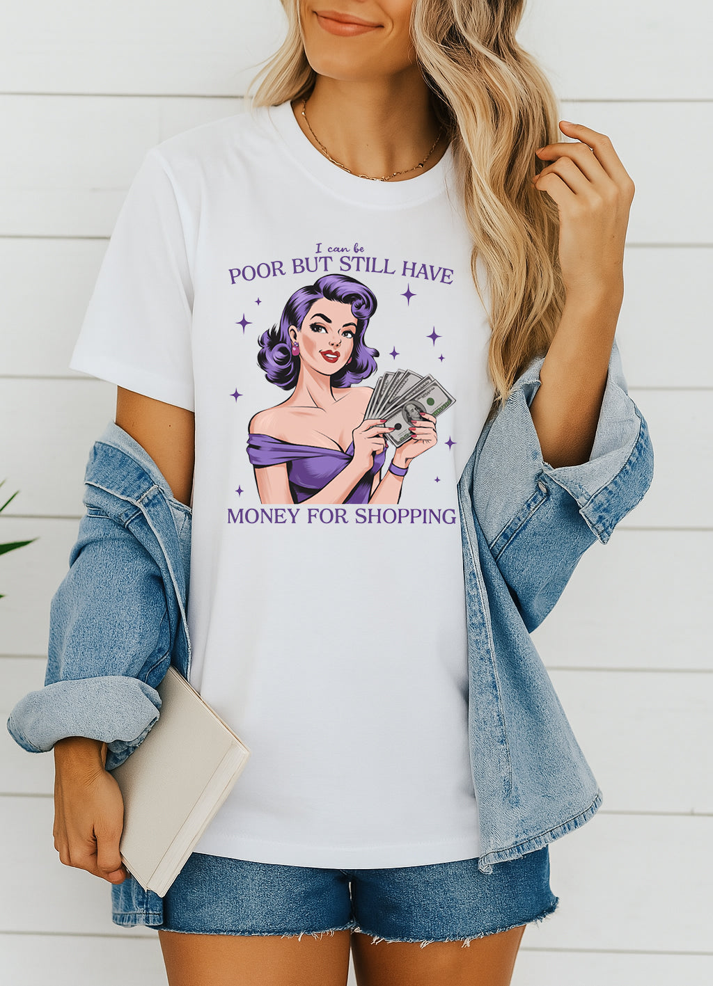 Woman wearing white retro pin-up graphic T-shirt with I Can Be Poor But Still Have Money for Shopping text, handmade organic cotton fashion tee