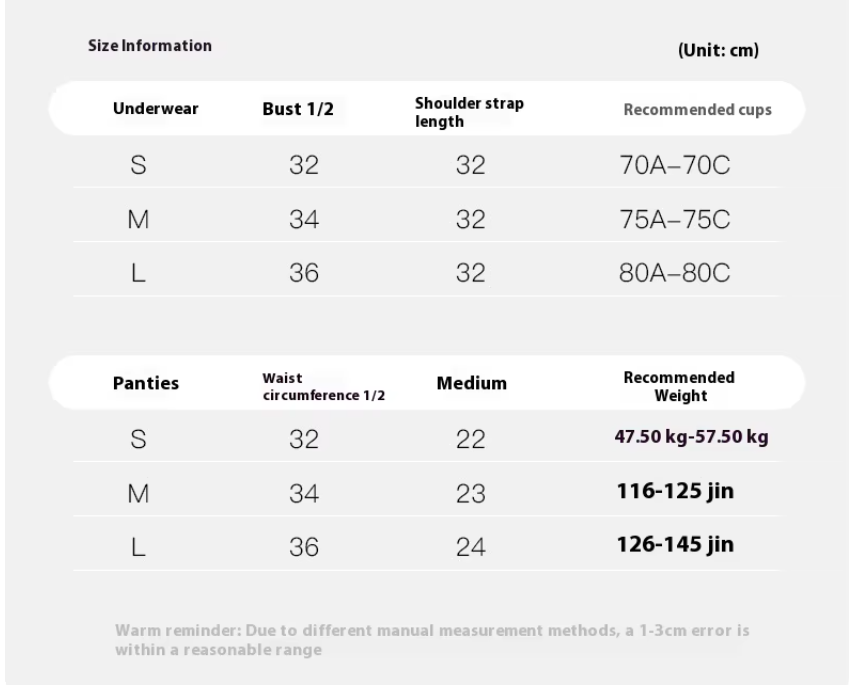 Size chart for underwear and panties with measurements in centimeters and kilograms.