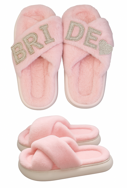 Pink slippers with 'Bride' text on a white background