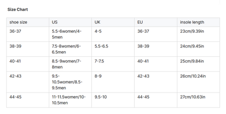 Size chart for shoe measurements in US, UK, EU, and insole length.