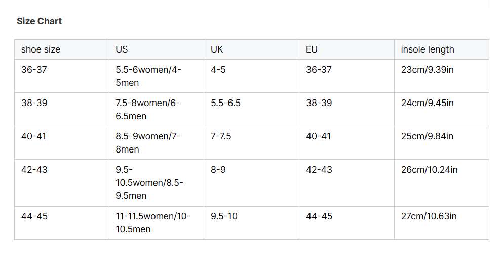 Size chart for shoe measurements in US, UK, EU, and insole length.