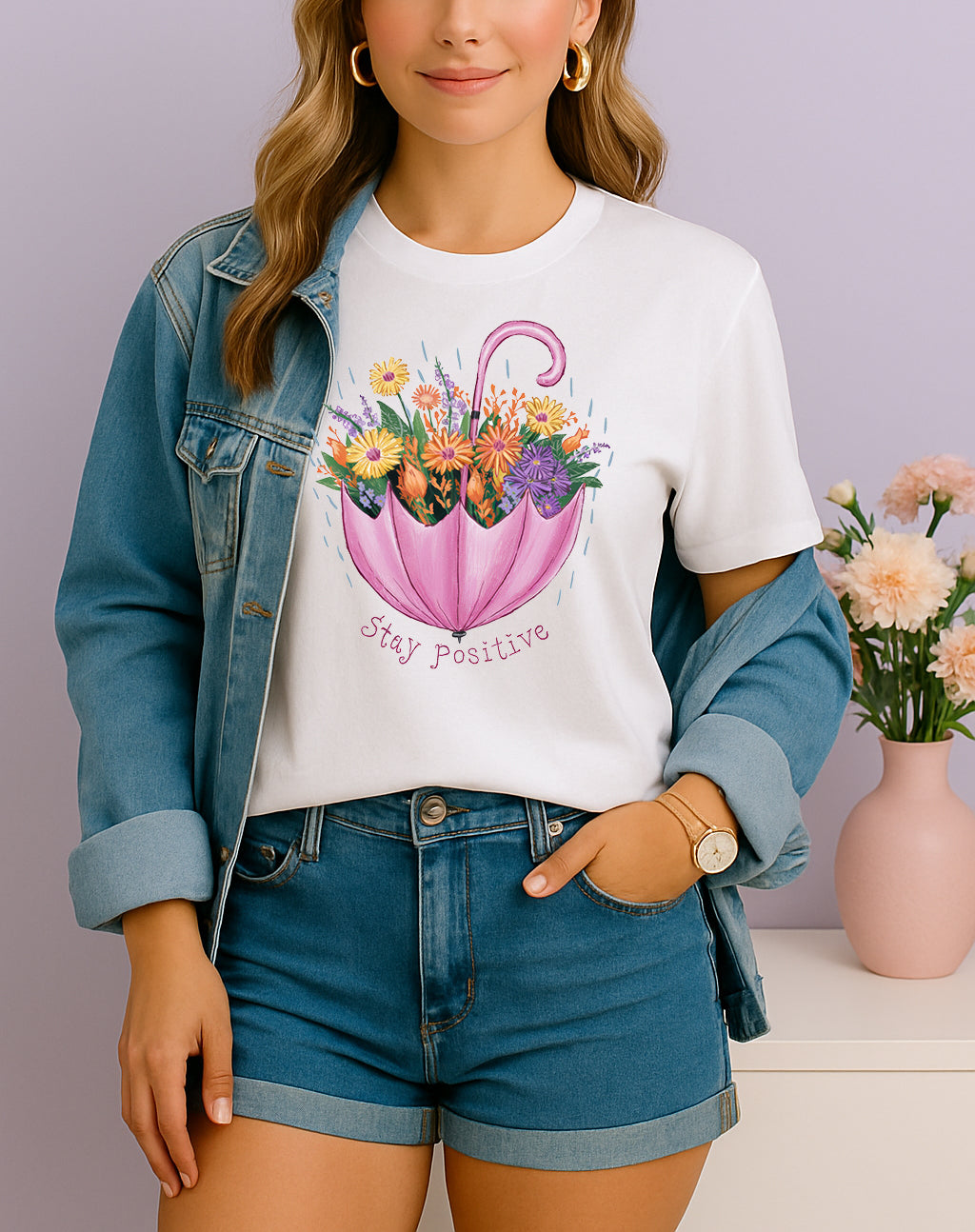 Woman wearing white Stay Positive T-shirt with pink umbrella floral design, handmade organic cotton uplifting fashion tee