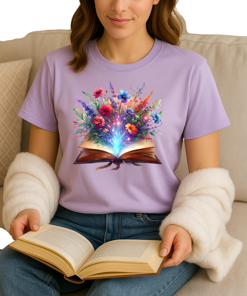 Person wearing a purple t-shirt with a colorful floral design of an open book, holding an open book.