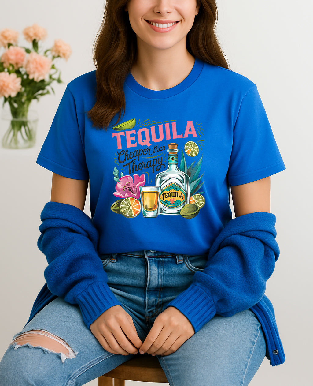 Woman wearing Blue Tequila Cheaper Than Therapy graphic T-shirt with tequila bottle and lime design, handmade organic cotton fun fashion tee