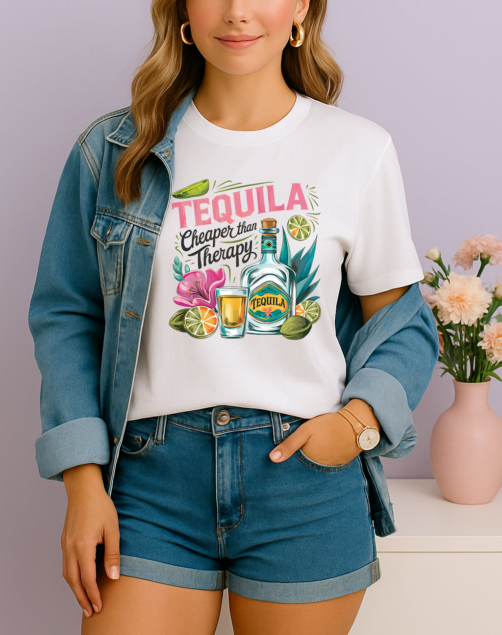 Woman wearing white Tequila Cheaper Than Therapy graphic T-shirt with tequila bottle and lime design, handmade organic cotton fun fashion tee
