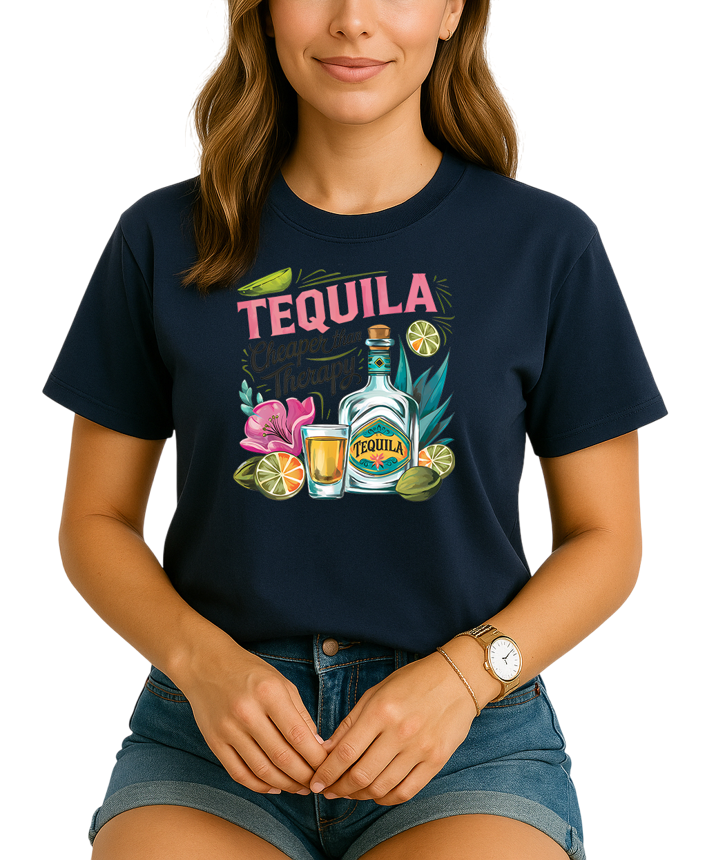 Person wearing a navy blue t-shirt with Tequila-themed design on a white background