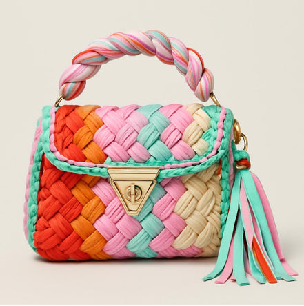 Colorful woven handbag with a braided handle on a beige background