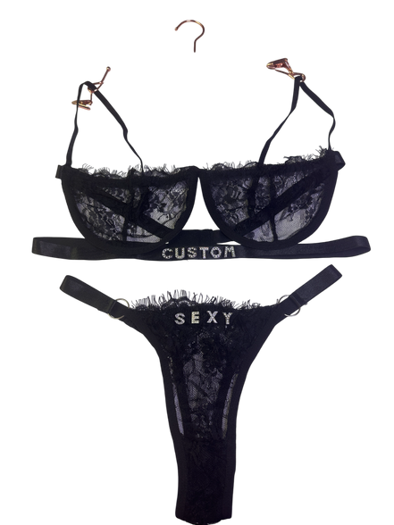 Black lace lingerie set with 'Custom' and 'Sexy' text on a white background