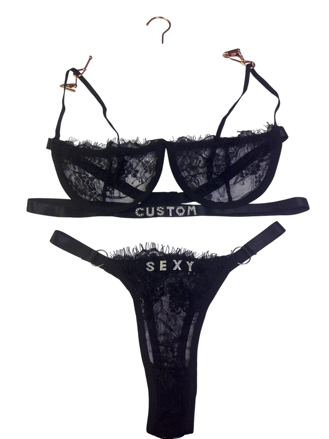 Black lace lingerie set with 'Custom' and 'Sexy' text on a white background