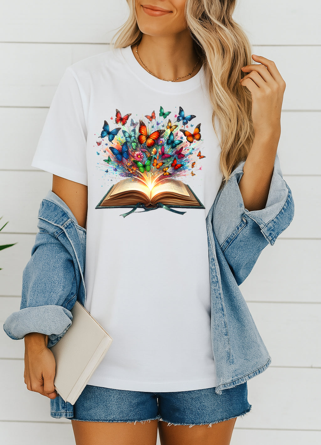 Person wearing a white t-shirt with a colorful butterfly design and an open book, standing against a white background.