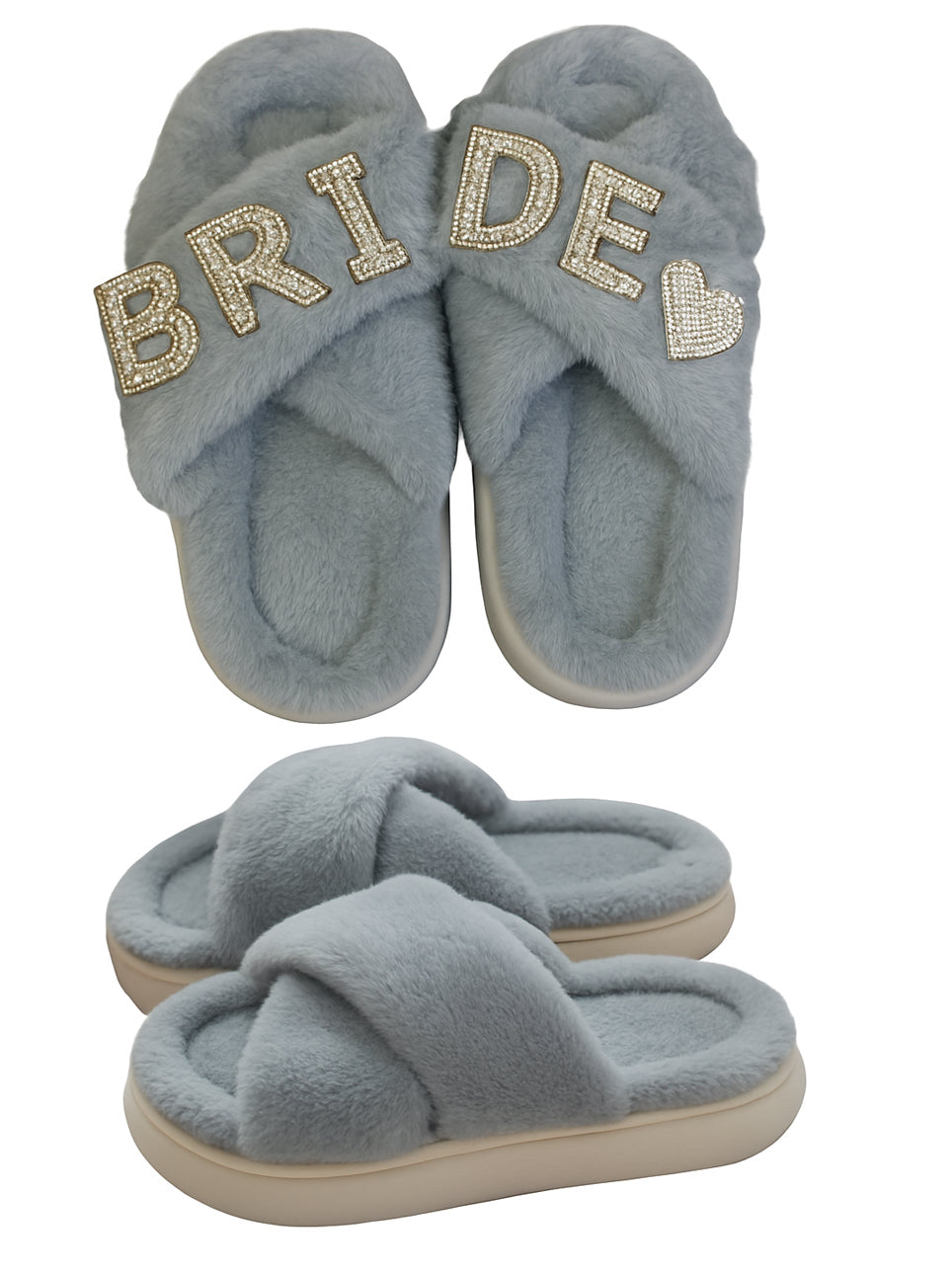 Pair of blue slippers with 'BRIDE' text on a white background