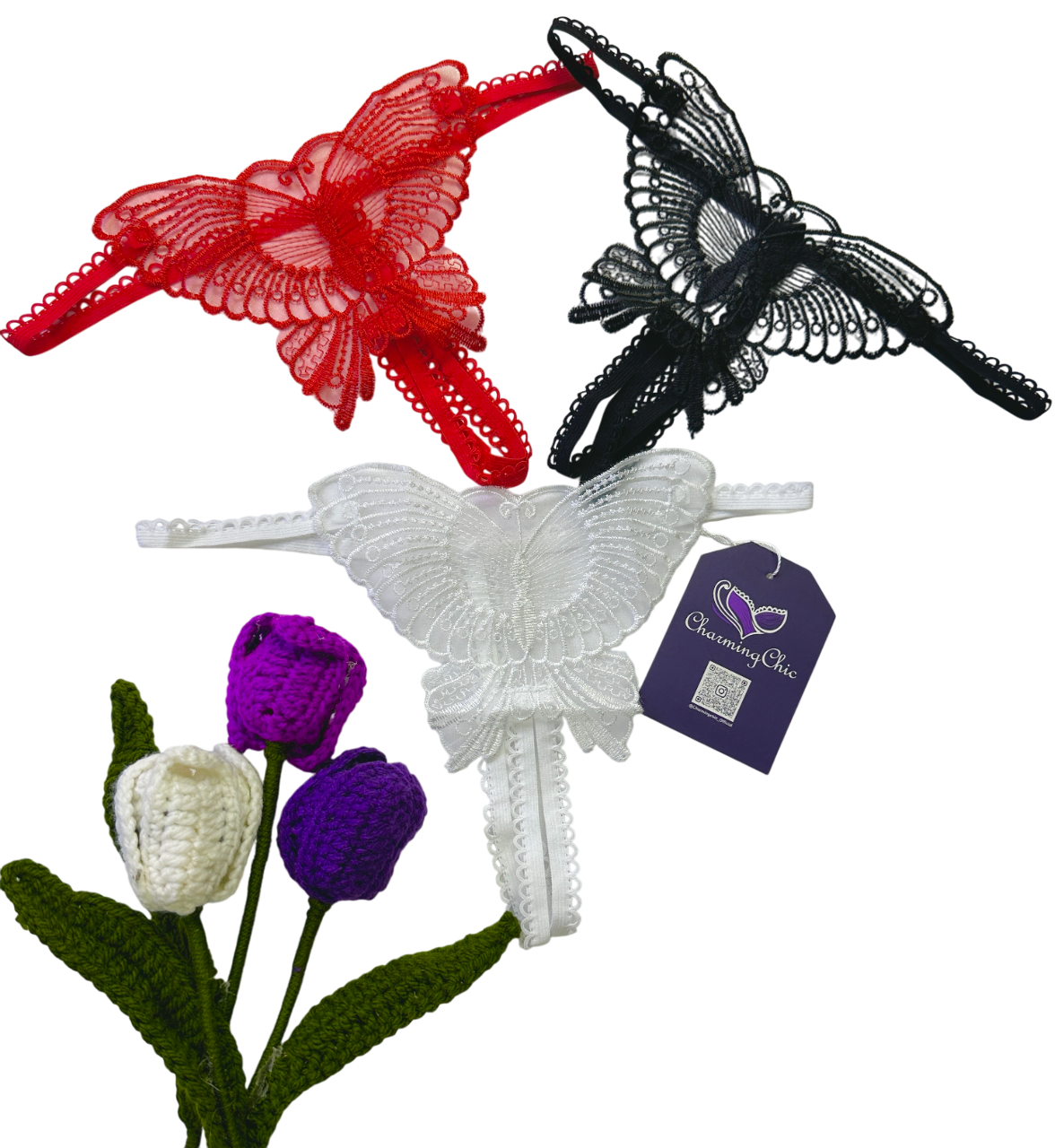 Butterfly-shaped hair accessories in red, black, and white with a tag on a white background.