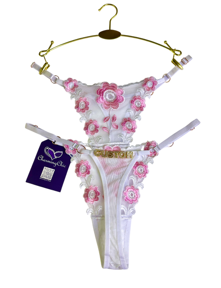 Custom embroidered floral lace thong with personalized name detail in white