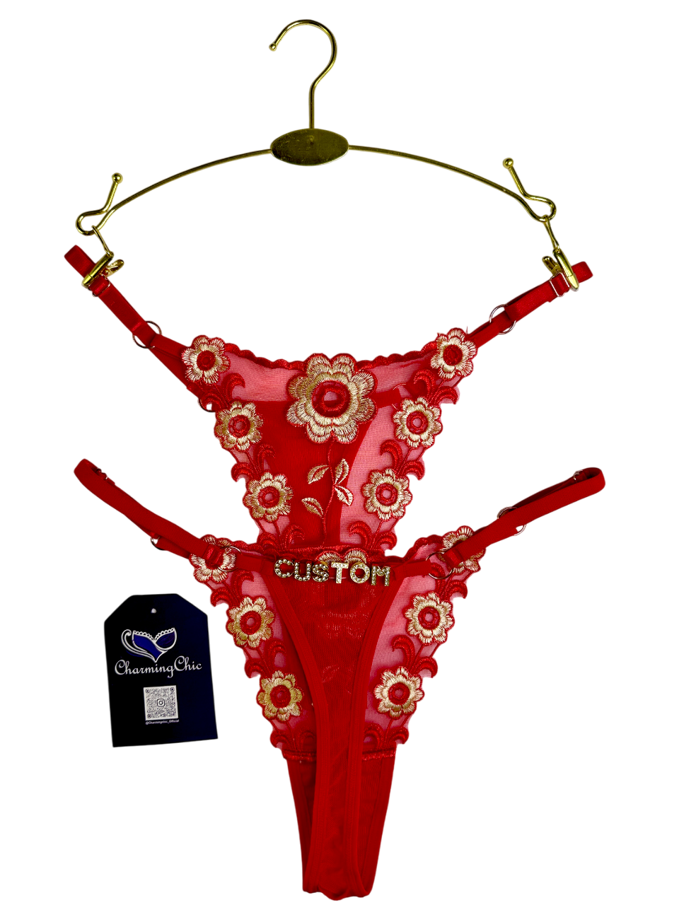 Custom embroidered floral lace thong with personalized name detail in red