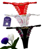 Custom embroidered floral lace thong with personalized name detail in red, white, and black colors.