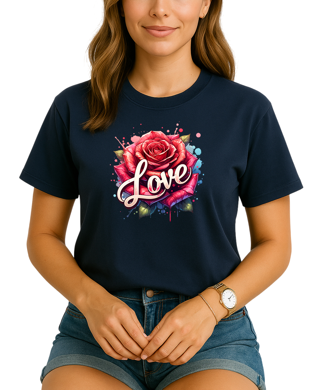 Person wearing a navy blue t-shirt with a pink rose and 'love' text design.
