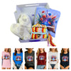 Gift set with slippers, colorful yarn, and floral-themed t-shirts in a box.