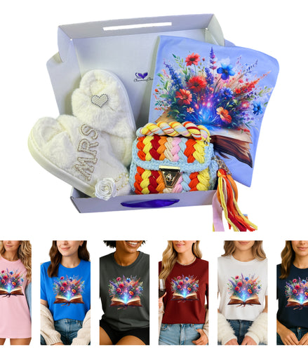 Gift set with slippers, colorful yarn, and floral-themed t-shirts in a box.