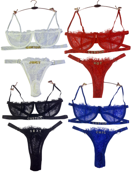 Collection of lace lingerie in various colors with text on a white background
