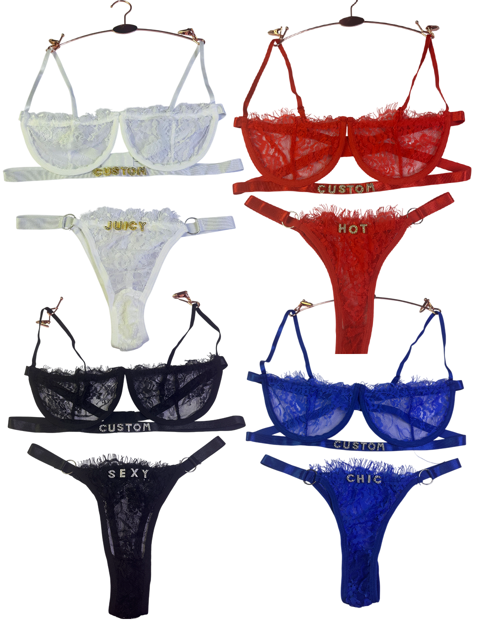 Collection of lace lingerie in various colors with text on a white background