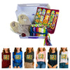 Gift box with plush toy, colorful bags, and t-shirts with floral designs and text.