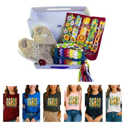Gift box with plush toy, colorful bags, and t-shirts with floral designs and text.
