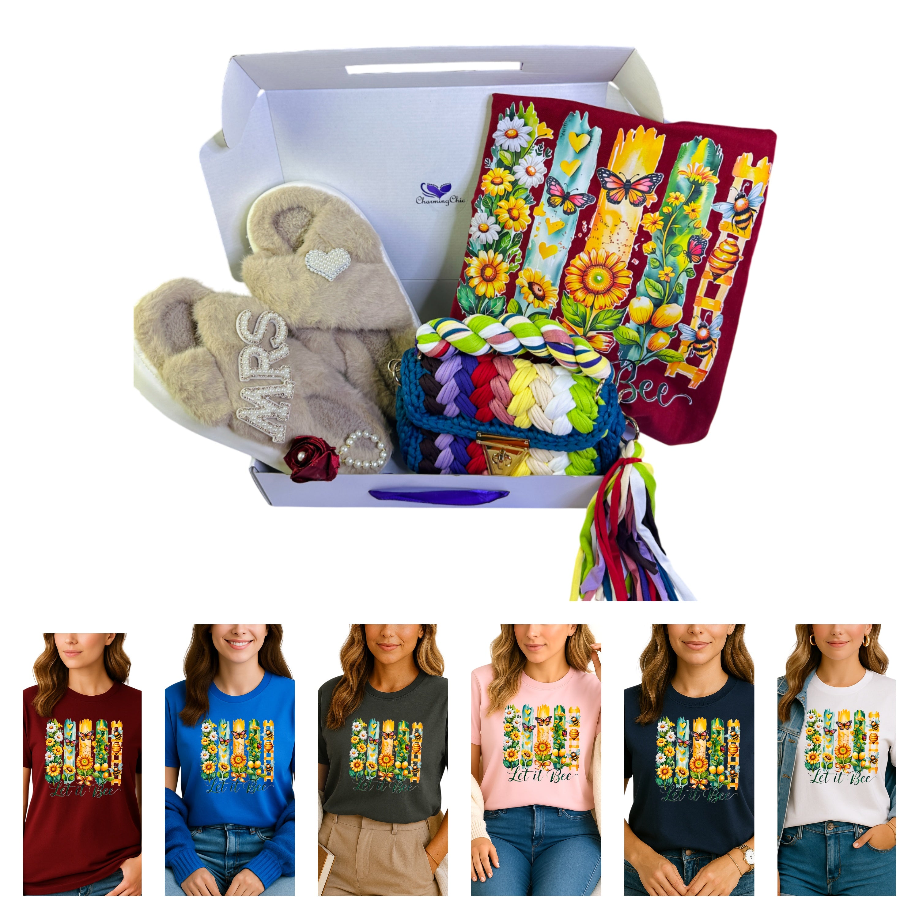 Gift box with plush toy, colorful bags, and t-shirts with floral designs and text.