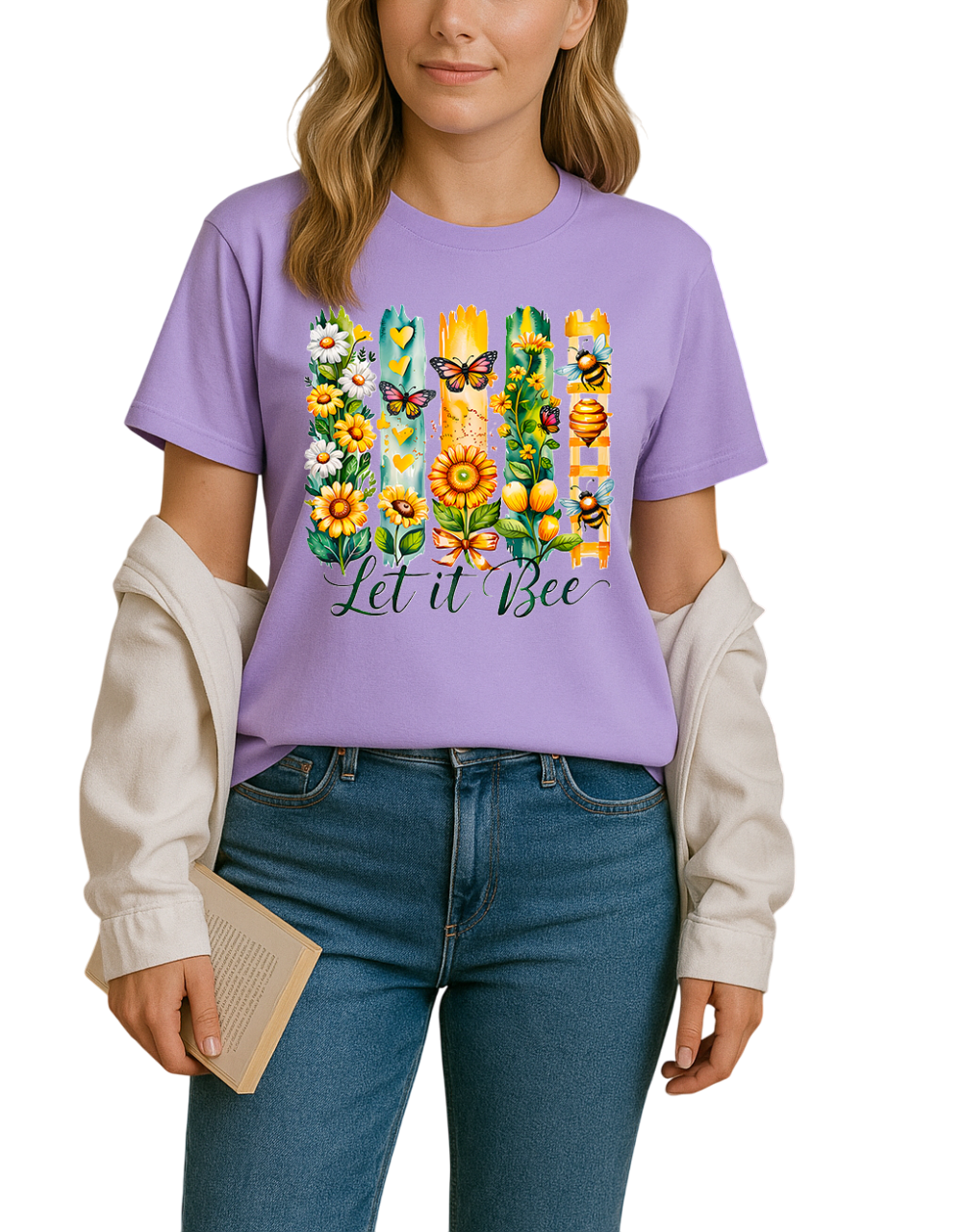 Person wearing a purple t-shirt with floral and bee design