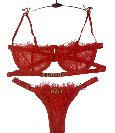 Red lace lingerie set with 'CUSTOM' and 'HOT' text on a white background
