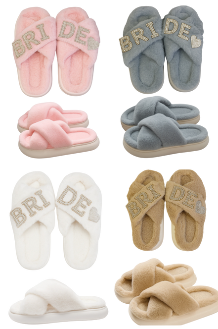 Set of slippers with 'Bride' text in various colors on a white background