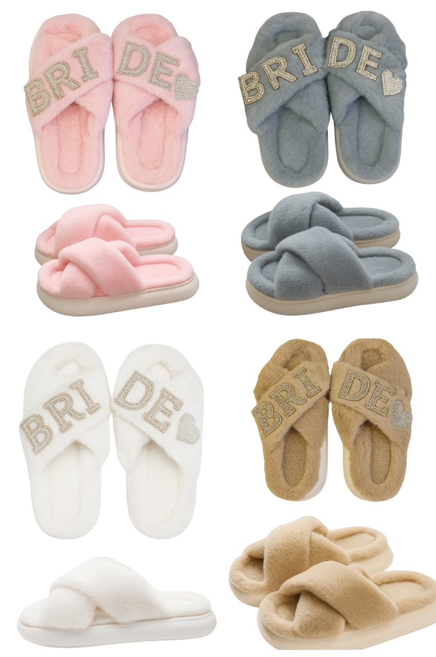 Set of slippers with 'Bride' text in various colors on a white background