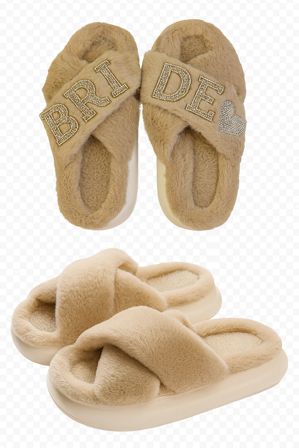 Beige slippers with 'Bride' and 'BFF' text on a white background