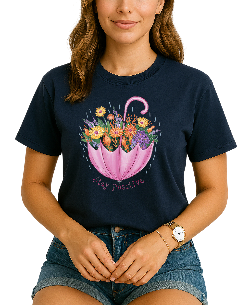 Woman wearing a navy blue t-shirt with a floral umbrella design and 'Stay Positive' text.