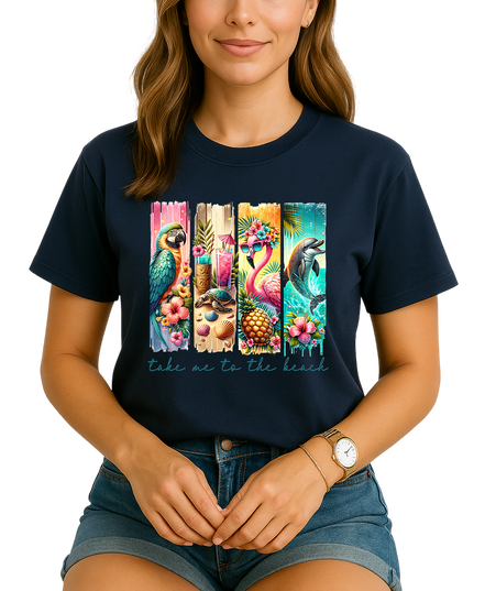 Woman wearing a navy blue t-shirt with a colorful beach-themed design and text.