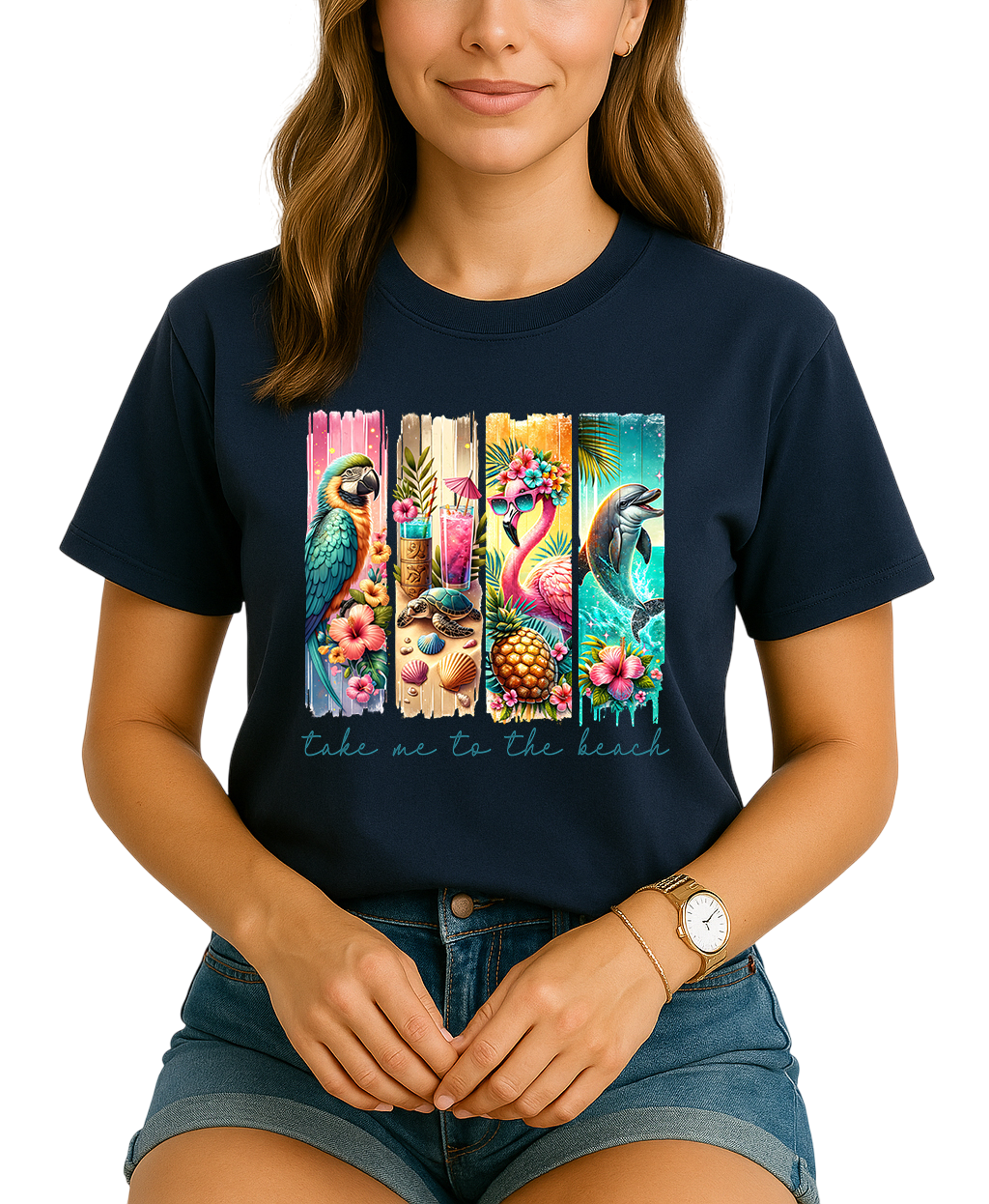Woman wearing a navy blue t-shirt with a colorful beach-themed design and text.